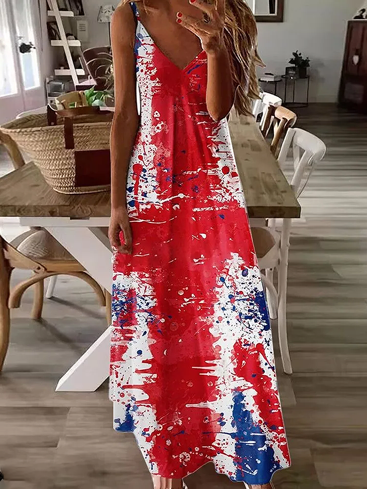 Women Independence Day (Flag) Sleeveless Summer Printing Dress V Neck Daily Casual Maxi Slip Dress X-Line Dress
