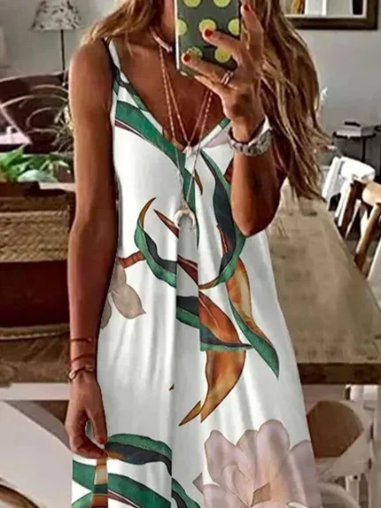 Women Floral Sleeveless Summer Printing Dress V Neck Daily Casual Maxi Slip Dress X-Line Dress