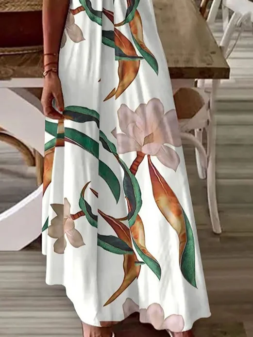 Women Floral Sleeveless Summer Printing Dress V Neck Daily Casual Maxi Slip Dress X-Line Dress