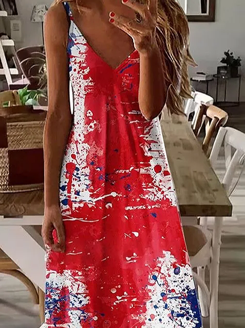 Women Independence Day (Flag) Sleeveless Summer Printing Dress V Neck Daily Casual Maxi Slip Dress X-Line Dress