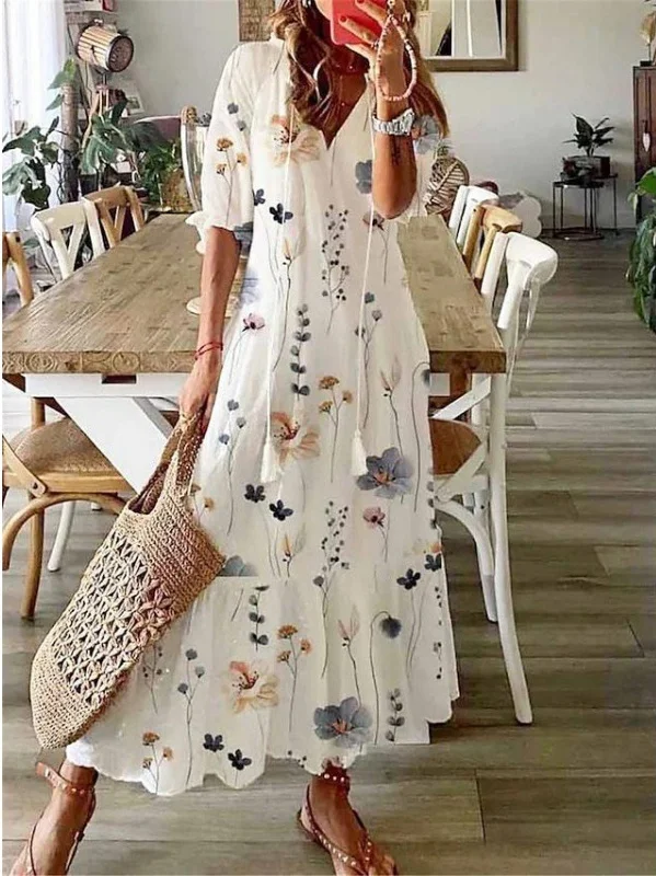 Women Geometric Half Sleeve Summer Dress V Neck Daily Casual Maxi Shirt Dress A-Line Dress