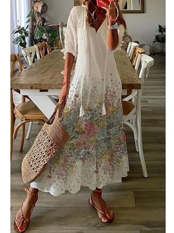 Women Geometric Half Sleeve Summer Dress V Neck Daily Casual Maxi Shirt Dress A-Line Dress