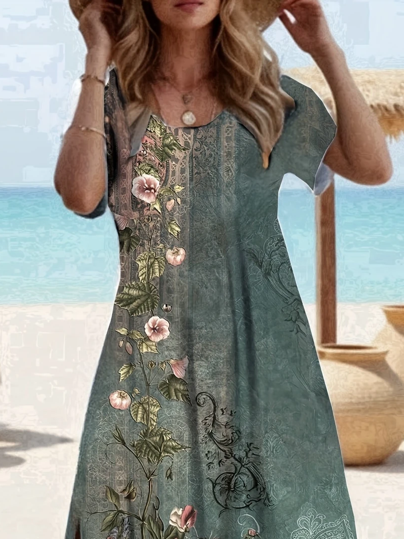 Women Floral Short Sleeve Summer Printing Dress Crew Neck Daily Casual Maxi Fit & Flare Dress A-Line Dress