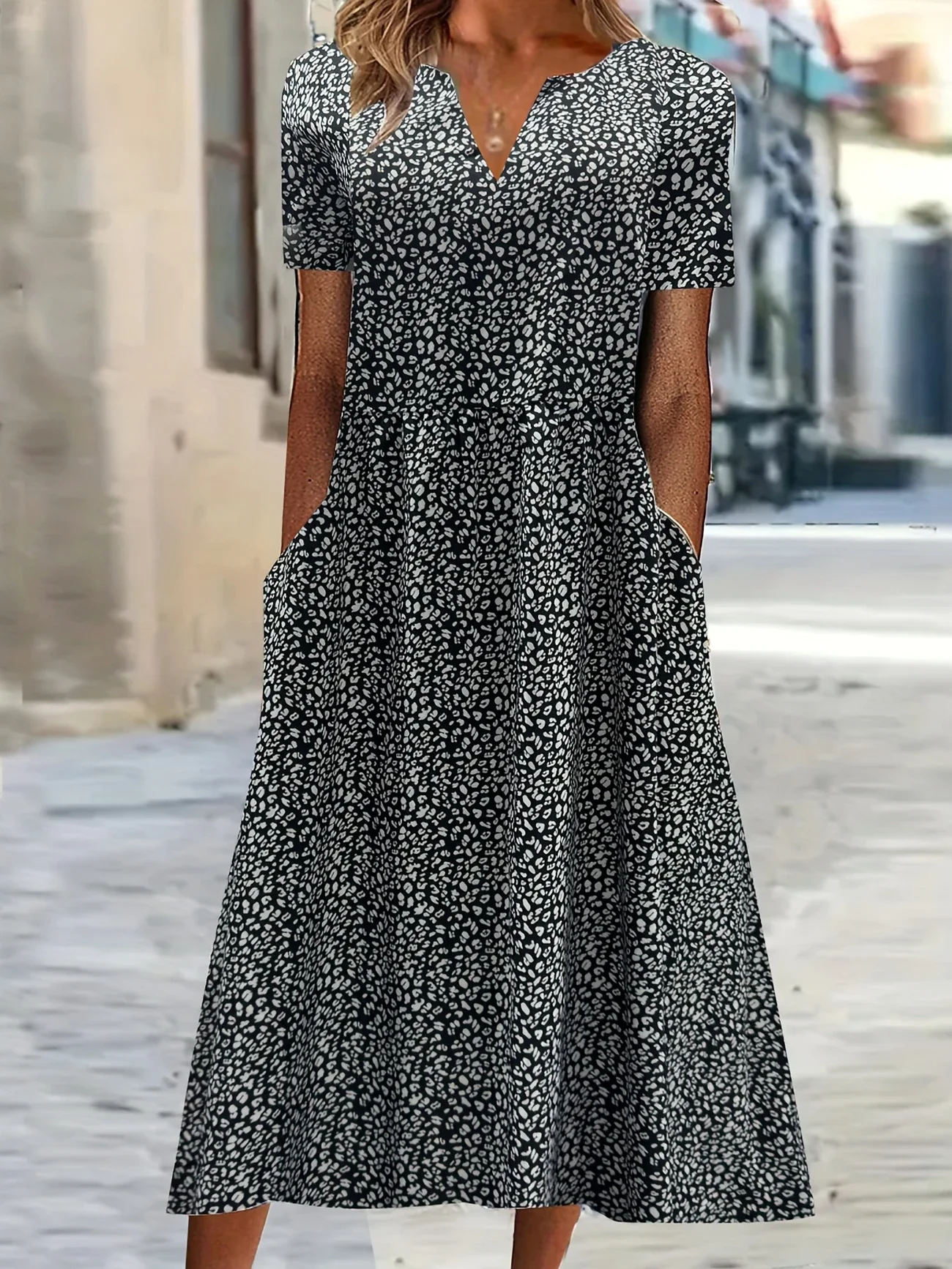 Women Leopard Short Sleeve Summer Printing Dress V Neck Daily Casual Maxi Fit & Flare Dress H-Line Dress