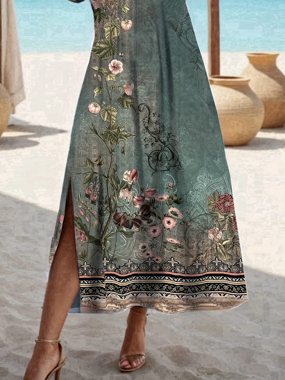 Women Floral Short Sleeve Summer Printing Dress Crew Neck Daily Casual Maxi Fit & Flare Dress A-Line Dress