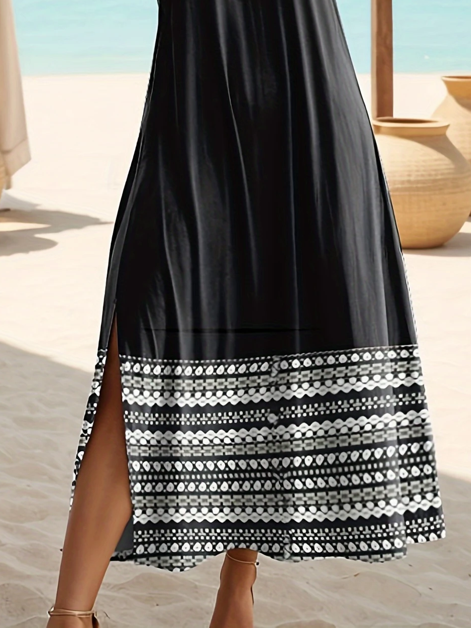 Women Geometric Short Sleeve Summer Printing Dress Crew Neck Daily Casual Maxi Fit & Flare Dress A-Line Dress