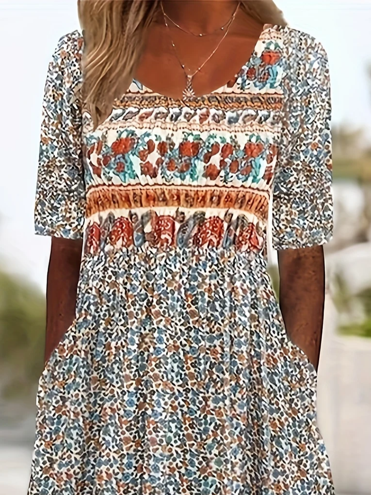 Women Floral Short Sleeve Summer Printing Dress Crew Neck Daily Casual Maxi Shift Dress H-Line Dress