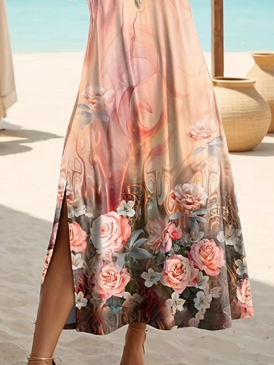 Women Floral Short Sleeve Summer Printing Dress Crew Neck Daily Casual Maxi Fit & Flare Dress A-Line Dress