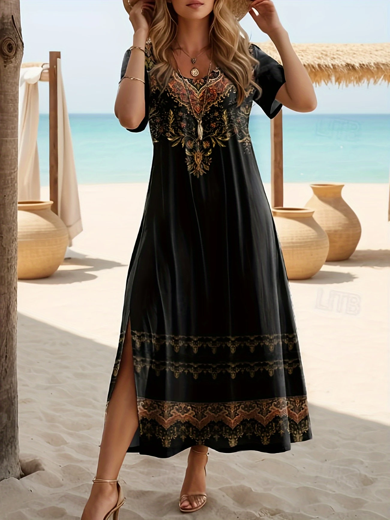 Women Floral Short Sleeve Summer Printing Dress Crew Neck Daily Casual Maxi Fit & Flare Dress A-Line Dress