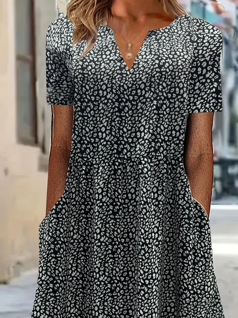 Women Leopard Short Sleeve Summer Printing Dress V Neck Daily Casual Maxi Fit & Flare Dress H-Line Dress