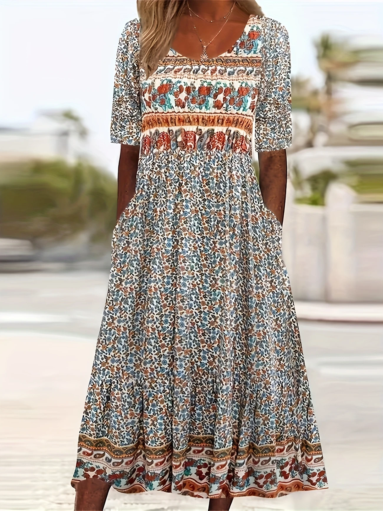 Women Floral Short Sleeve Summer Printing Dress Crew Neck Daily Casual Maxi Shift Dress H-Line Dress