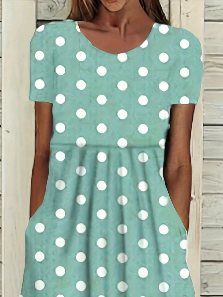 Women Polka Dots Short Sleeve Summer Printing Dress Crew Neck Daily Casual Maxi Shift Dress H-Line Dress