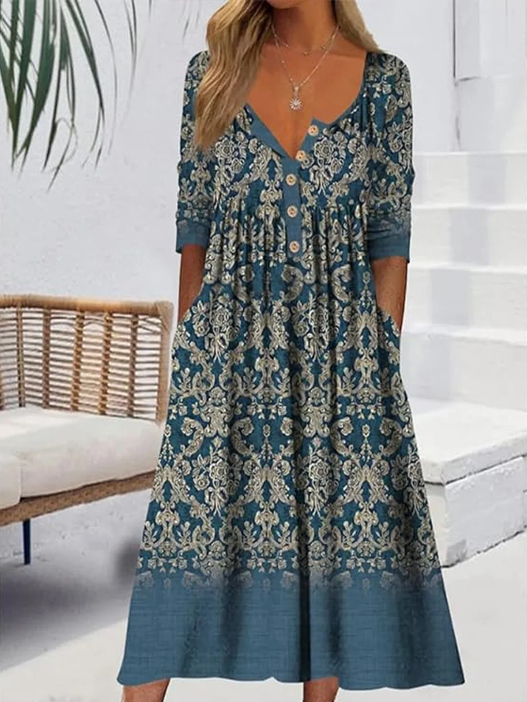 Women Floral Half Sleeve Summer Printing Dress Half Open Collar Daily Casual Maxi A-Line Dress