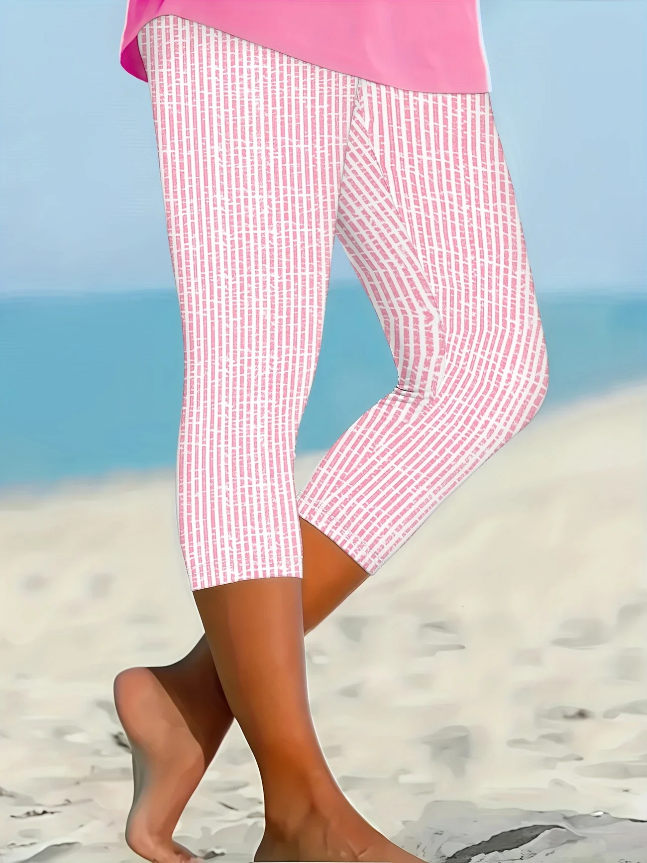 Women Striped Capris Elastic Waist Pants Casual Summer Trousers