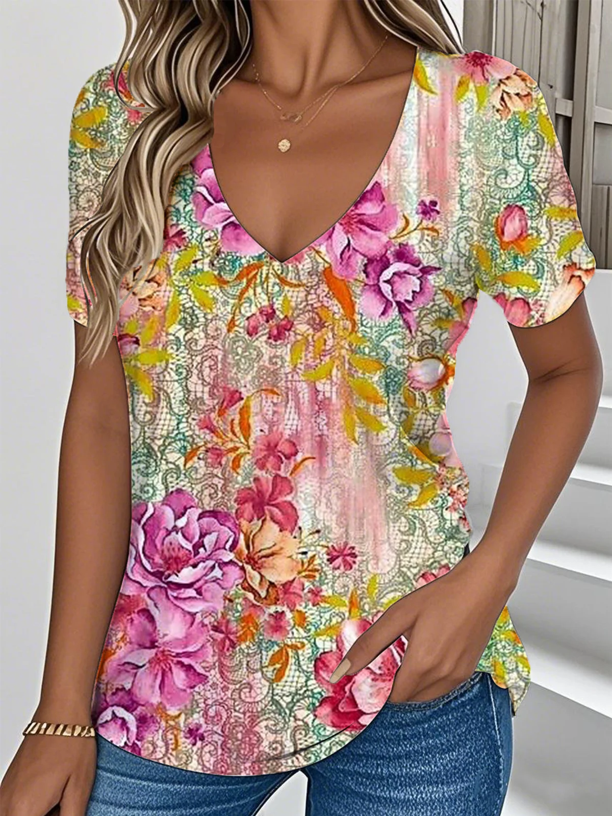 Women Botanical Pattern Short Sleeve Tee T-shirt V Neck Vintage Summer Top