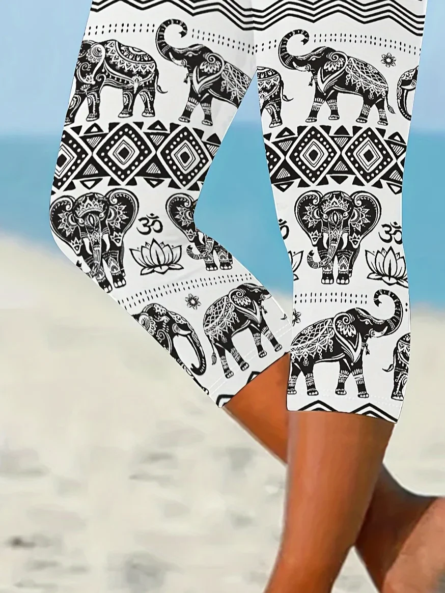 Women Elephant Capris Elastic Waist Pants Casual Summer Trousers