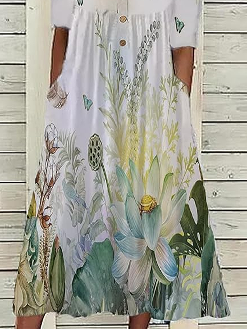 Women Floral Half Sleeve Summer Printing Dress Half Open Collar Daily Casual Maxi A-Line Dress