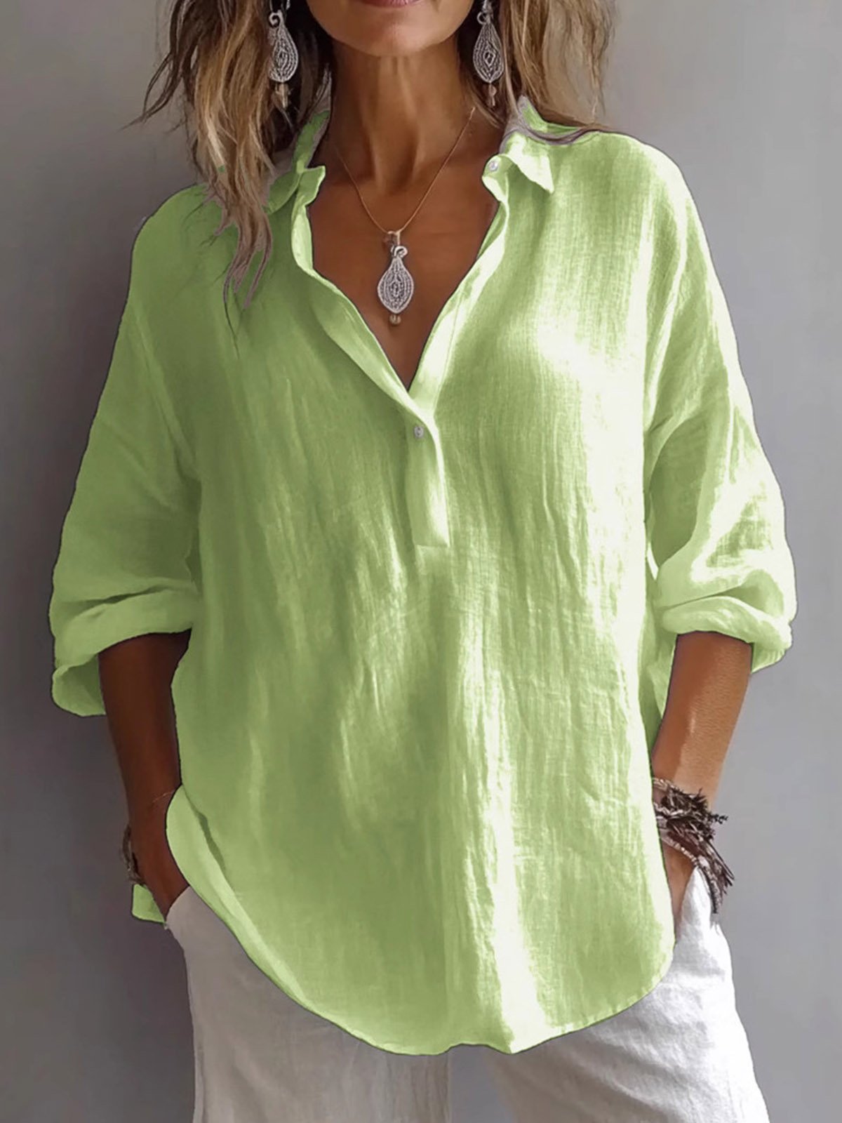 Women Plain Three Quarter Sleeve Blouse Spring/Fall V Neck Daily Casual Top