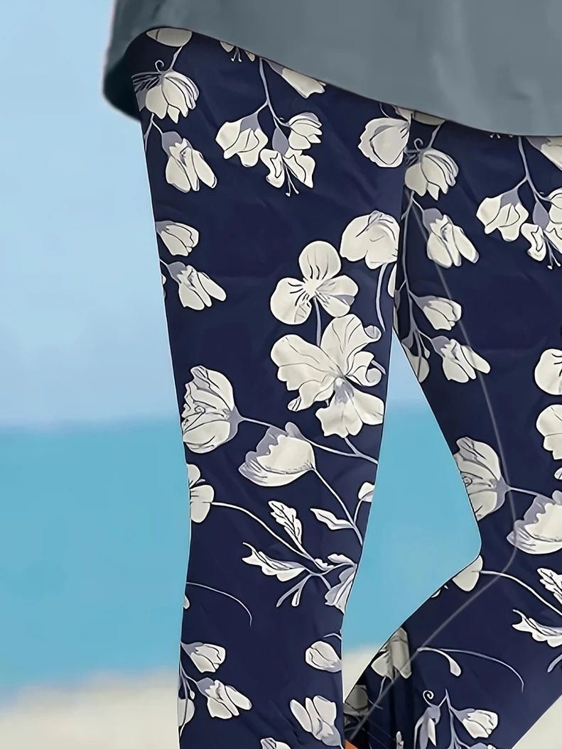 Women Floral Capris Elastic Waist Pants Casual Summer Trousers