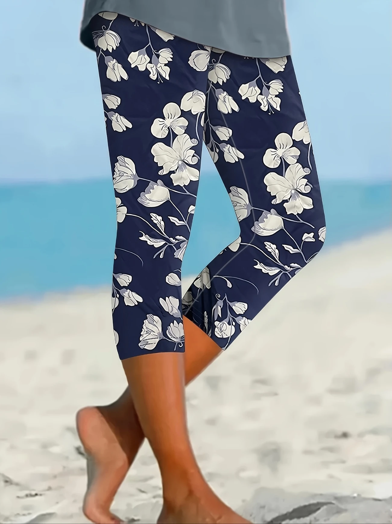 Women Floral Capris Elastic Waist Pants Casual Summer Trousers