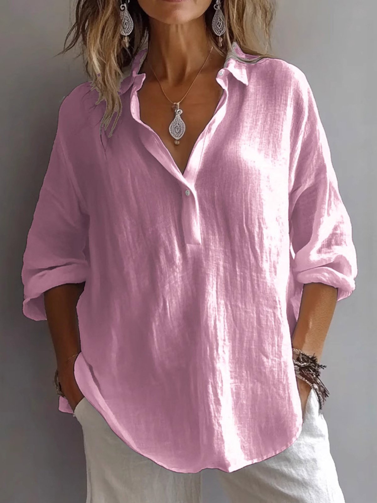 Women Plain Three Quarter Sleeve Blouse Spring/Fall V Neck Daily Casual Top