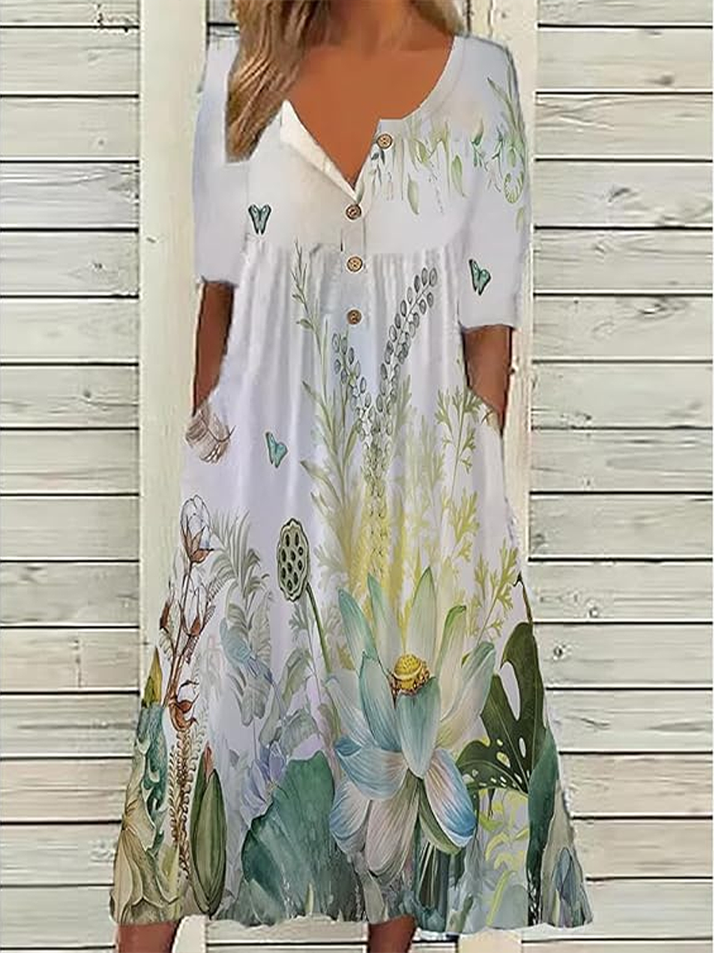 Women Floral Half Sleeve Summer Printing Dress Half Open Collar Daily Casual Maxi A-Line Dress