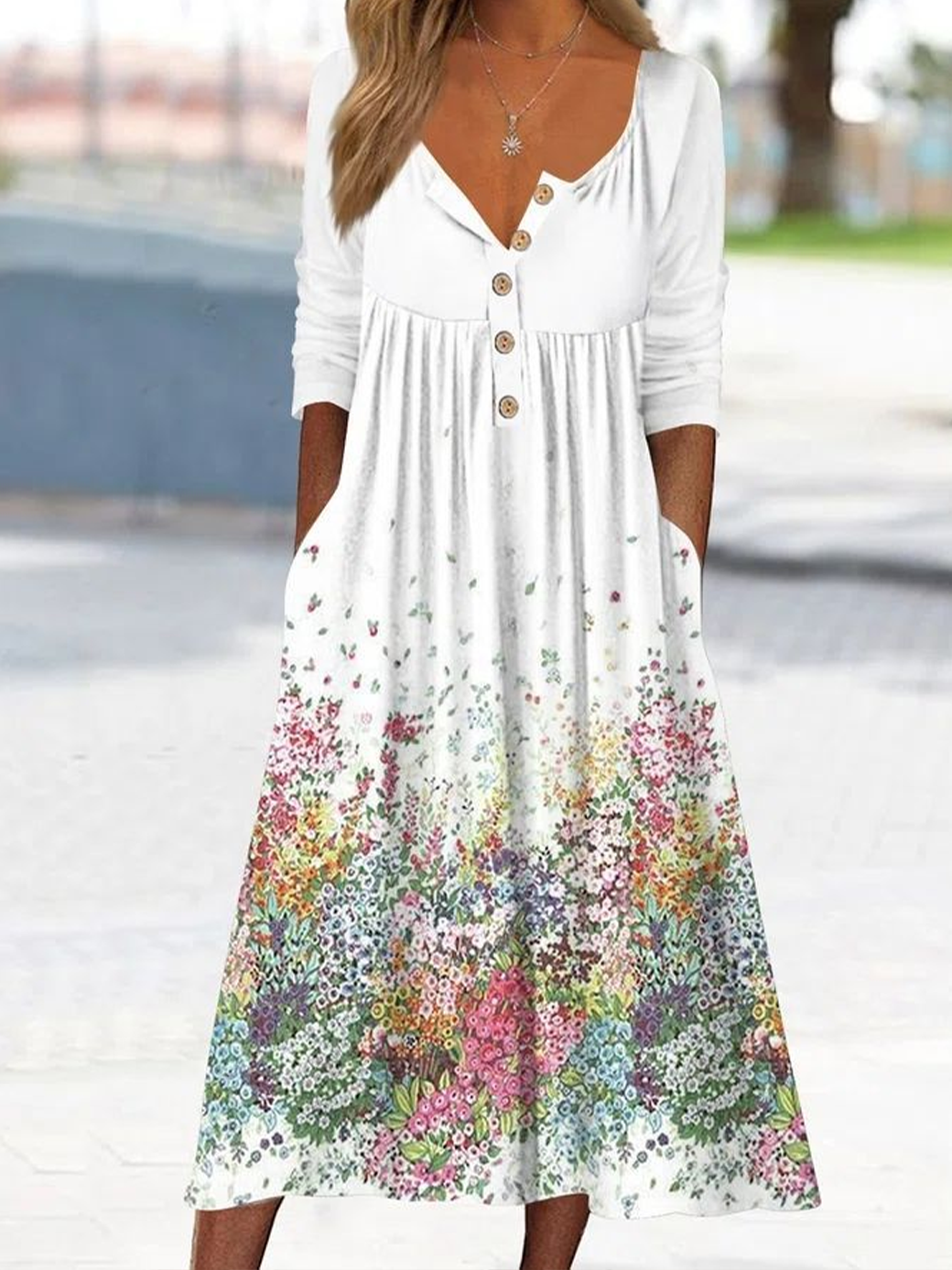 Women Floral Half Sleeve Summer Printing Dress Half Open Collar Daily Casual Maxi A-Line Dress