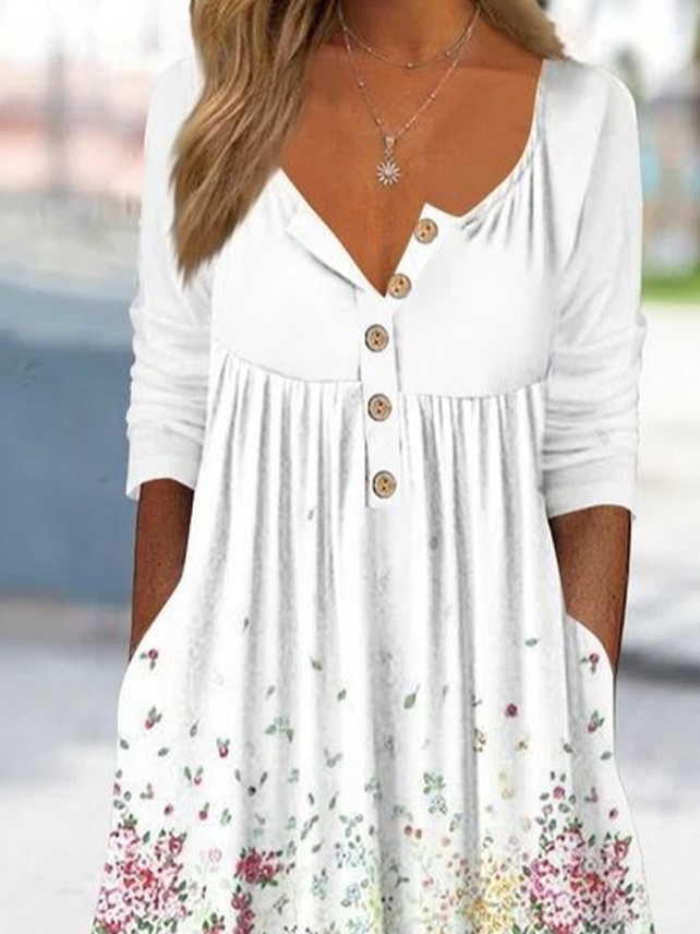 Women Floral Half Sleeve Summer Printing Dress Half Open Collar Daily Casual Maxi A-Line Dress