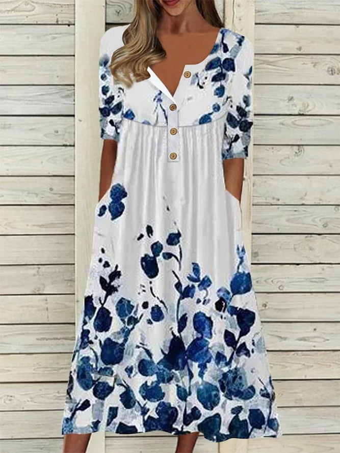 Women Floral Half Sleeve Summer Printing Dress Half Open Collar Daily Casual Maxi A-Line Dress