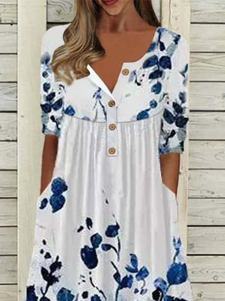 Women Floral Half Sleeve Summer Printing Dress Half Open Collar Daily Casual Maxi A-Line Dress