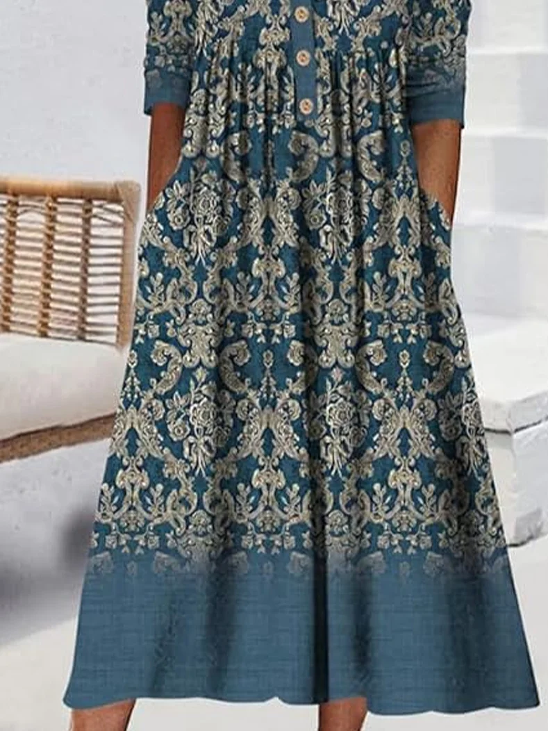 Women Floral Half Sleeve Summer Printing Dress Half Open Collar Daily Casual Maxi A-Line Dress