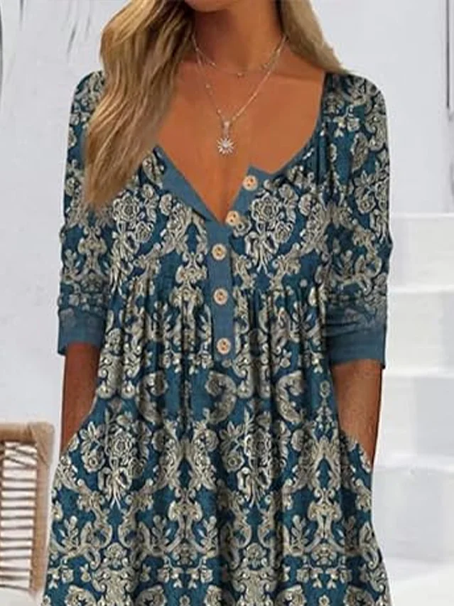 Women Floral Half Sleeve Summer Printing Dress Half Open Collar Daily Casual Maxi A-Line Dress