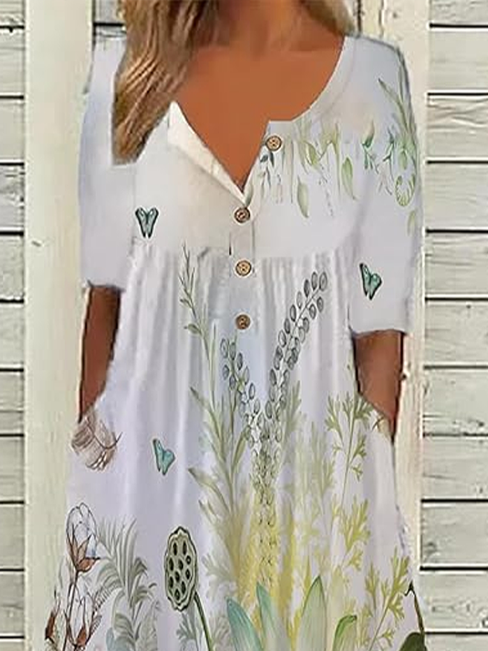 Women Floral Half Sleeve Summer Printing Dress Half Open Collar Daily Casual Maxi A-Line Dress