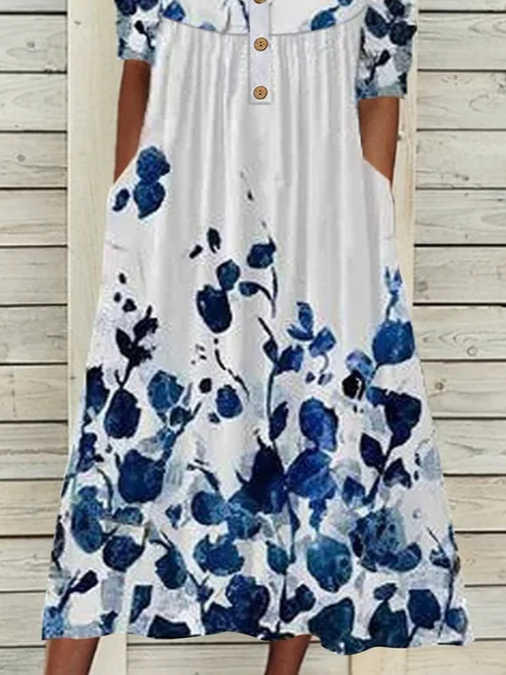Women Floral Half Sleeve Summer Printing Dress Half Open Collar Daily Casual Maxi A-Line Dress