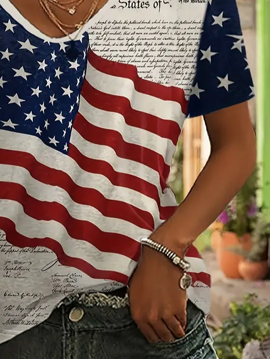Women Independence Day (Flag) Short Sleeve Tee T-shirt V Neck Printing Casual Summer Graphic Tee Top