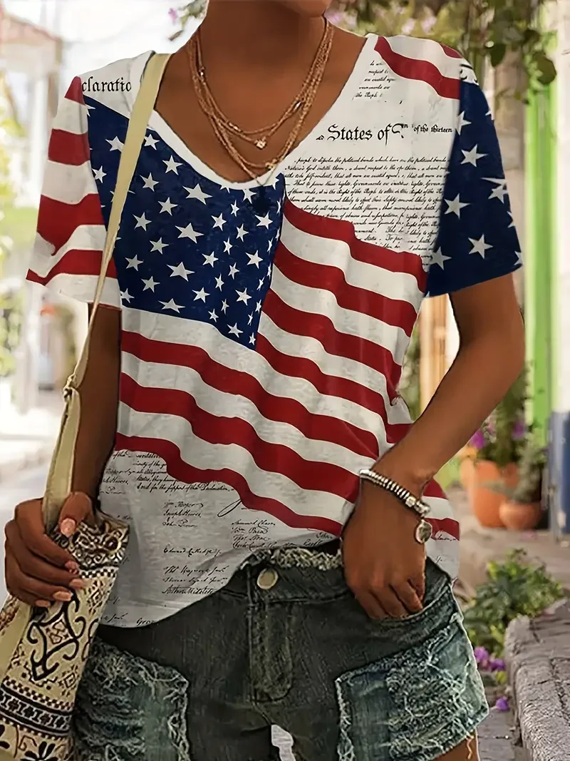 Women Independence Day (Flag) Short Sleeve Tee T-shirt V Neck Printing Casual Summer Graphic Tee Top
