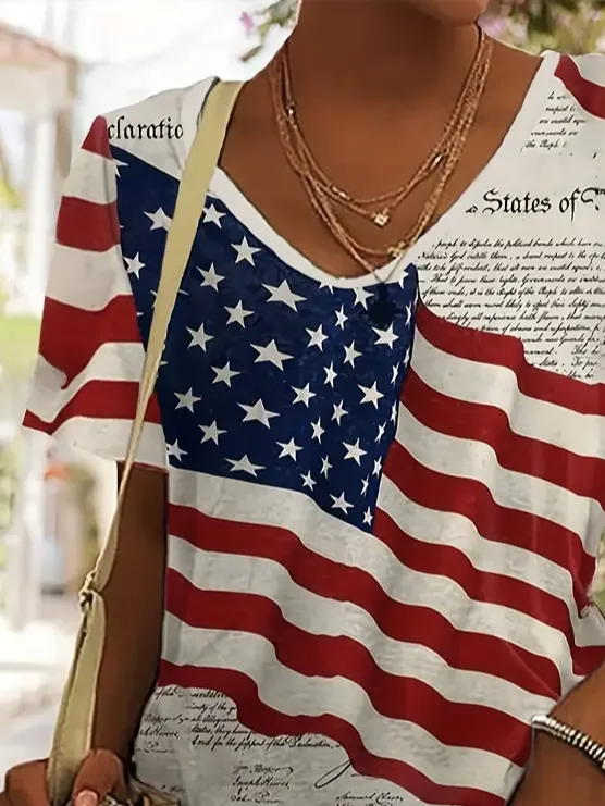 Women Independence Day (Flag) Short Sleeve Tee T-shirt V Neck Printing Casual Summer Graphic Tee Top