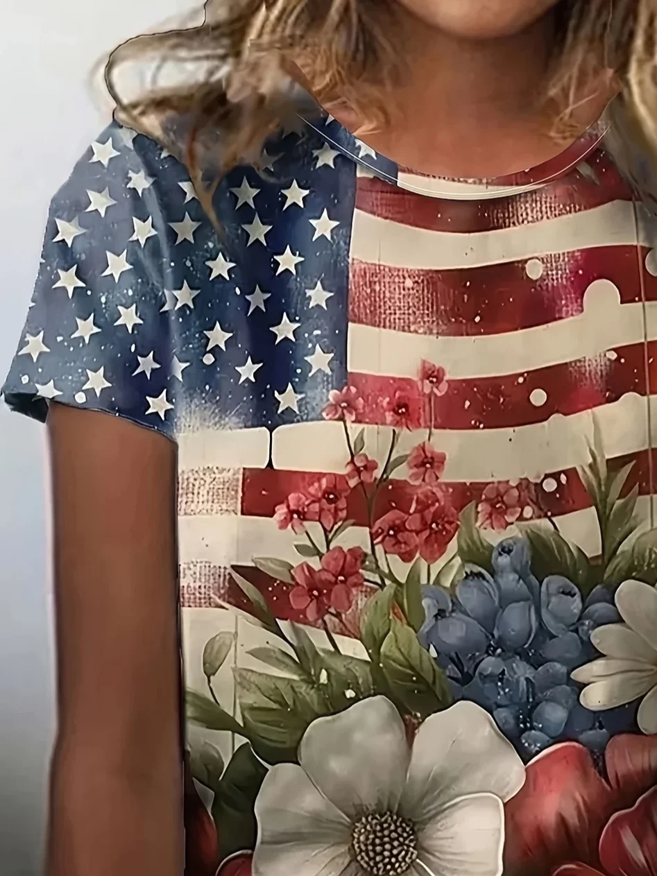 Women Floral Short Sleeve Tee T-shirt Crew Neck Printing Casual Summer Graphic Tee Top