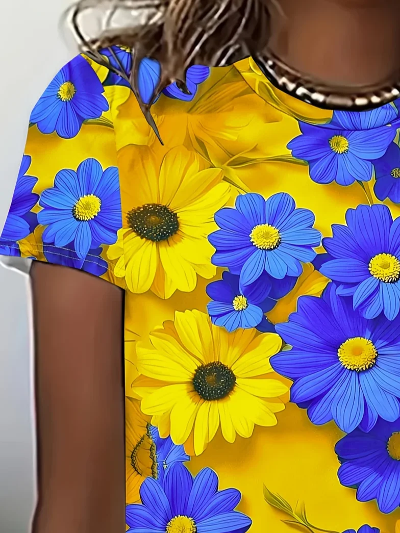 Women Floral Short Sleeve Tee T-shirt Crew Neck Printing Casual Summer Graphic Tee Top