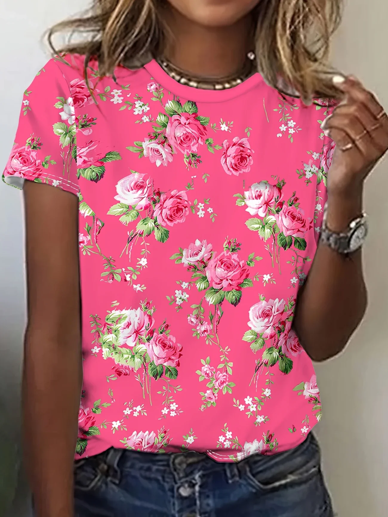 Women Floral Short Sleeve Tee T-shirt Crew Neck Printing Casual Summer Graphic Tee Top