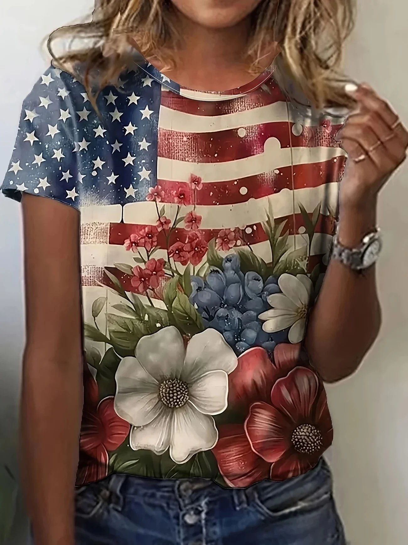 Women Floral Short Sleeve Tee T-shirt Crew Neck Printing Casual Summer Graphic Tee Top
