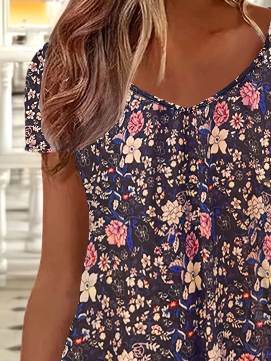Women Floral Short Sleeve Tee T-shirt V Neck Printing Casual Summer Graphic Tee Top