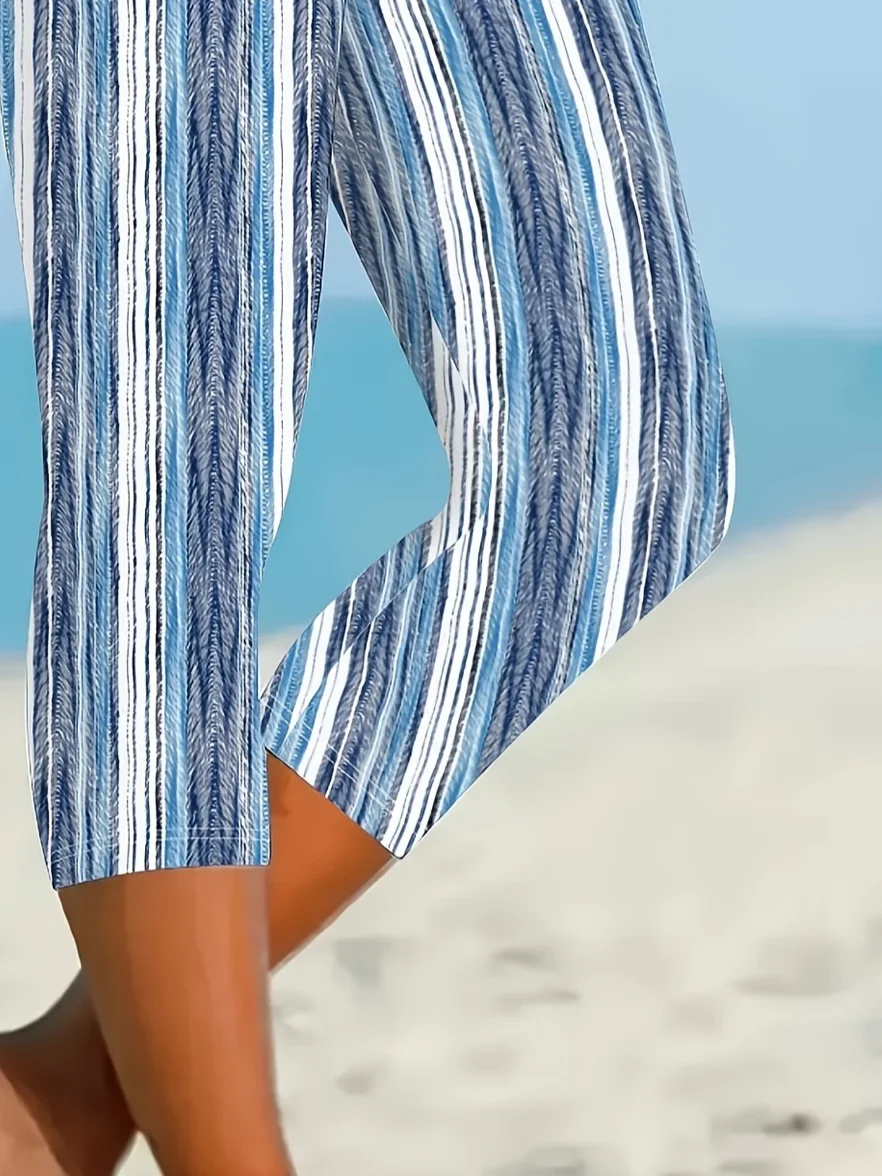 Women Striped Capris Elastic Waist Pants Casual Summer Trousers