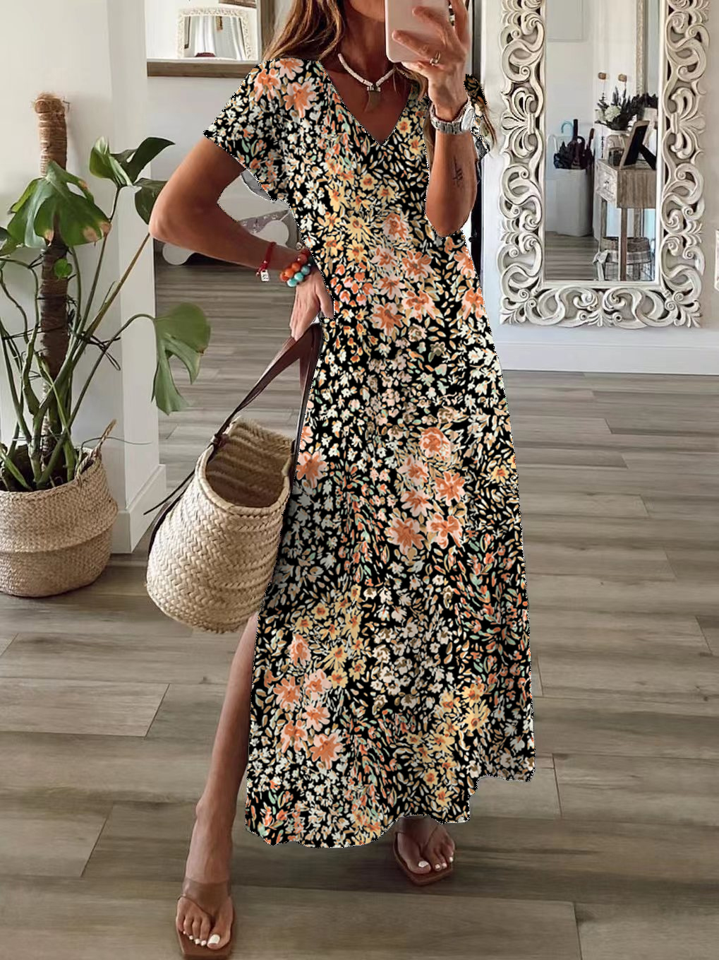 Women Floral Short Sleeve Summer Printing Dress V Neck Daily Casual Maxi X-Line Dress