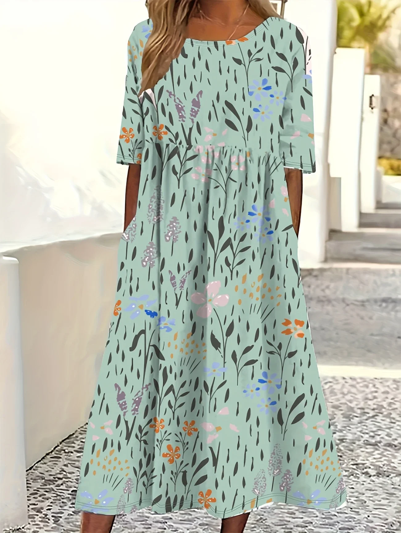 Women Floral Half Sleeve Summer Printing Dress Crew Neck Daily Casual Maxi A-Line Dress