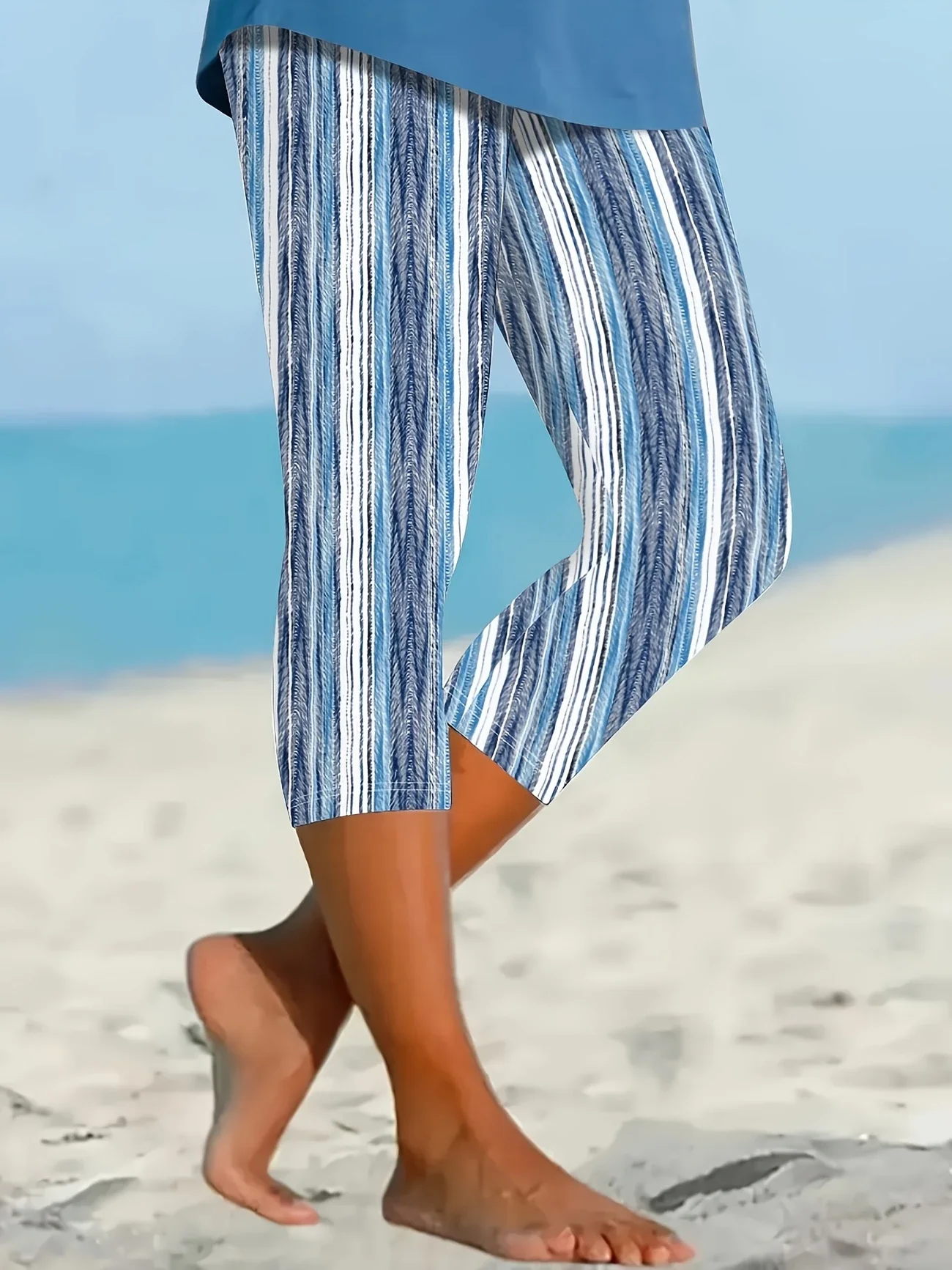 Women Striped Capris Elastic Waist Pants Casual Summer Trousers