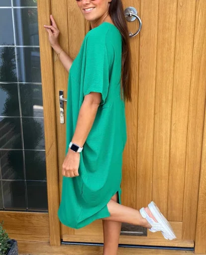 Women Plain Half Sleeve Summer Slit Dress V Neck Daily Casual Maxi Tank A-Line Dress