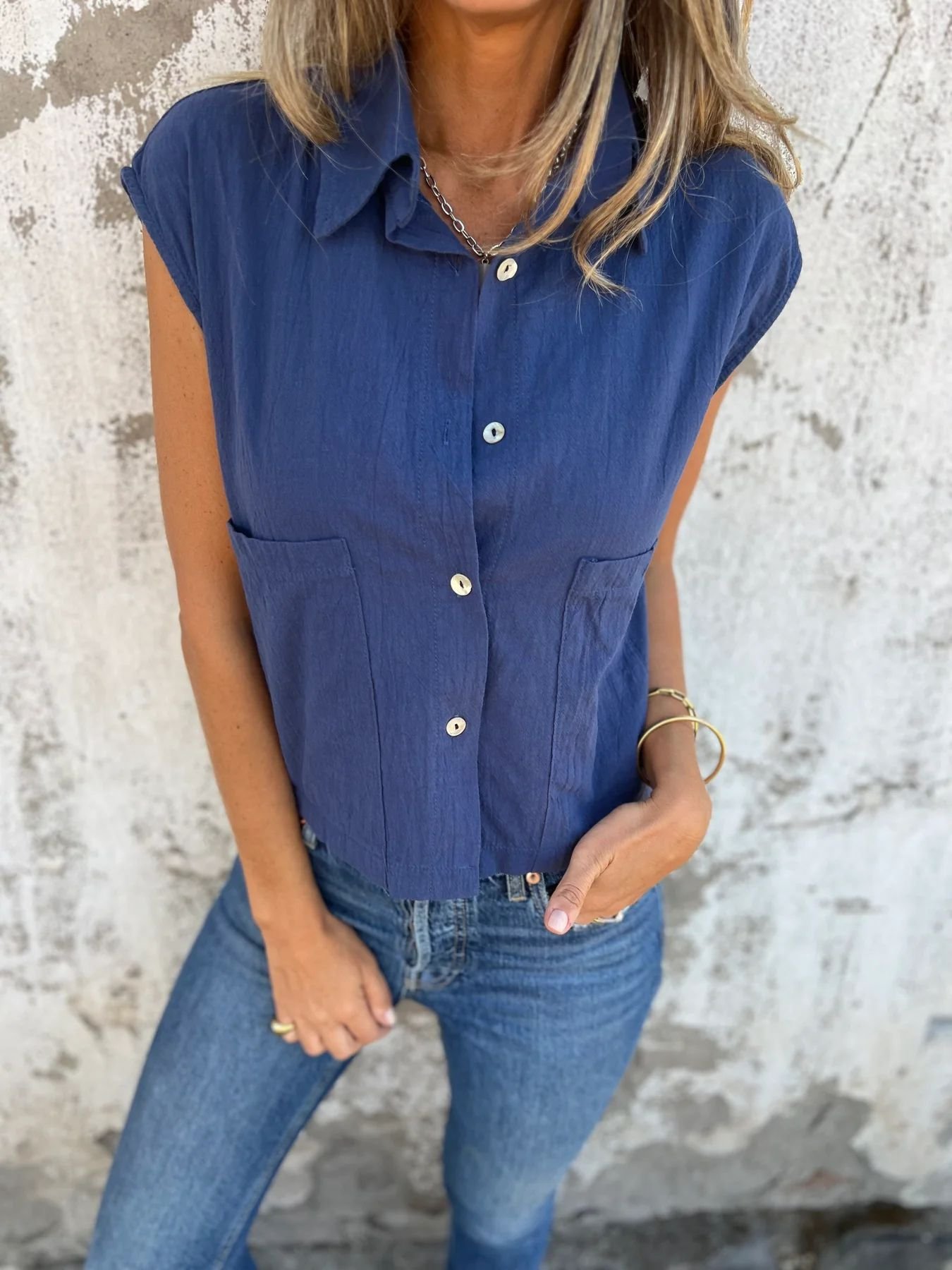 Women Plain Short Sleeve Shirt Summer Buckle Shawl Collar Daily Casual Top