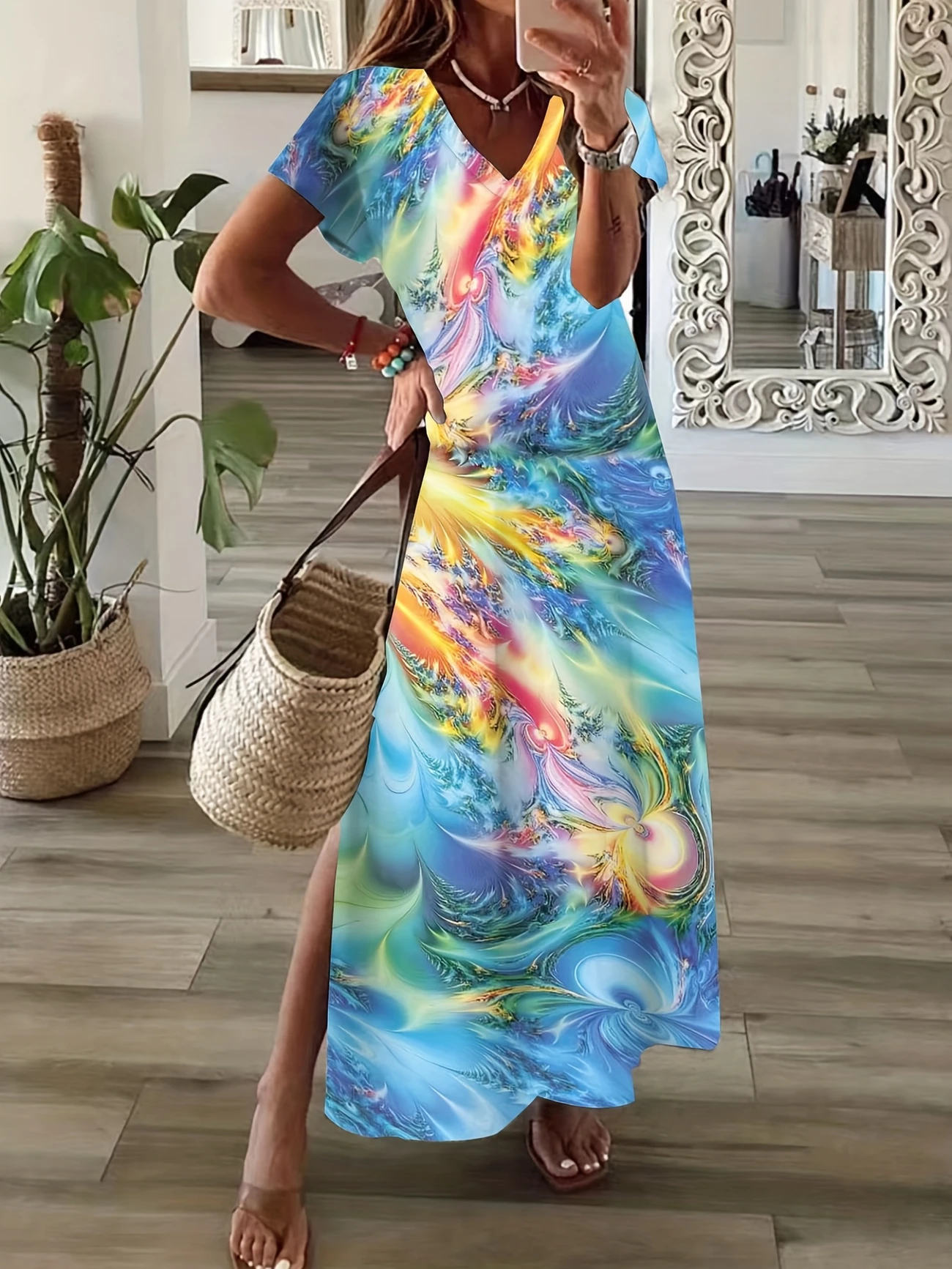 Women Abstract Short Sleeve Summer Printing Dress V Neck Daily Casual Maxi X-Line Dress