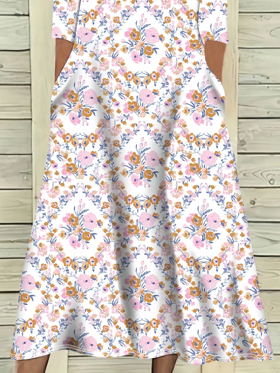 Women Floral Half Sleeve Summer Printing Dress Crew Neck Daily Casual Maxi A-Line Dress